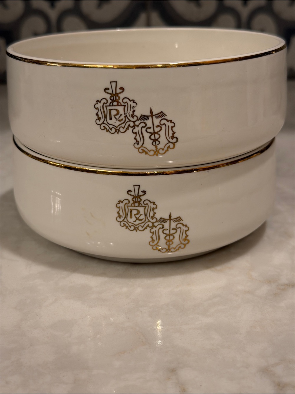 VIntage Collector’s Hall China “RX Pharmacy” Bowls with Gold Details-Set of 2